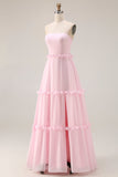Blushing Pink A Line Strapless Chiffon Long Bridesmaid Dress with Slit