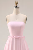 Blushing Pink A Line Strapless Chiffon Long Bridesmaid Dress with Slit