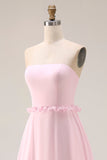 Blushing Pink A Line Strapless Chiffon Long Bridesmaid Dress with Slit