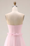 Blushing Pink A Line Strapless Chiffon Long Bridesmaid Dress with Slit