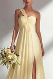 Lemon Sorbet A Line Chiffon Convertible Long Bridesmaid Dress with Slit