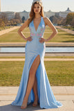 Sparkly Light Blue Beaded Satin V Neck Mermaid Long Prom Dress with Slit