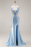 Sparkly Light Blue Beaded Satin V Neck Mermaid Long Prom Dress with Slit