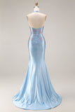 Sparkly Light Blue Beaded Satin V Neck Mermaid Long Prom Dress with Slit