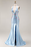 Sparkly Light Blue Beaded Satin V Neck Mermaid Long Prom Dress with Slit