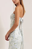 Strapless Sheath Print Long Blue White Floral Satin Dress with Bow