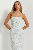 Strapless Sheath Print Long Blue White Floral Satin Dress with Bow