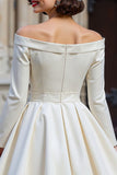 Off the Shoulder White A Line Short Wedding Dress with Long Sleeves