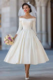 Ivory Corset Off the Shoulder Midi Wedding Dress with Detachable Bow