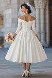 Ivory Corset Off the Shoulder Midi Wedding Dress with Detachable Bow