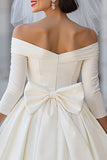 Ivory Corset Off the Shoulder Midi Wedding Dress with Detachable Bow