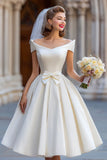 Off the Shouder Ivory Short Wedding Dress with Bow