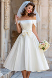 A Line Ivory Off the Shoulder Midi Wedding Dress with Bow