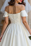 A Line Ivory Off the Shoulder Midi Wedding Dress with Bow