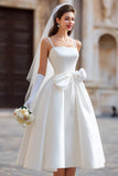 White A Line Spaghetti Straps Long Wedding Dress with Detachable Bow