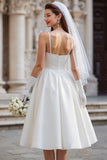 White A Line Spaghetti Straps Midi Wedding Dress with Bow