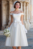 Off the Shoulder White Corset A Line Midi Wedding Dress with Bows