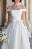 Off the Shoulder White Corset A Line Midi Wedding Dress with Bows