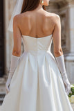 White Strapless A Line Midi Wedding Dress with Bow (without Gloves)