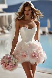 Ivory Satin Sweetheart Bodycon Short Wedding Dress with 3D Flowers