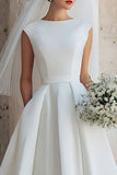 White A Line Sleeveless Round Neck Midi Wedding Dress