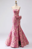 Fuchsia Mermaid Bow Strapless Jacquard Long Prom Dress with Slit