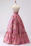 Fuchsia Jacquard A Line Corset Strapless Long Prom Dress