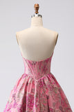 Fuchsia Jacquard A Line Corset Strapless Long Prom Dress