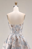 Silver Jacquard Strapless A Line Corset Long Prom Dress with Slit