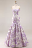 Strapless Mermaid Lilac Jacquard Satin Brocade Long Floral Prom Dress