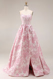 Pink Floral Strapless Corset Jacquard Brocade A-Line Long Prom Dress with Slit
