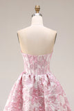 Pink Floral Strapless Corset Jacquard Brocade A-Line Long Prom Dress with Slit
