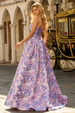 Strapless Lilac A-Line Ruched Jacquard Satin Brocade Long Prom Dress with Bow