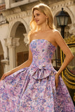 Strapless Lilac A-Line Ruched Jacquard Satin Brocade Long Prom Dress with Bow