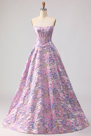 Lilac Strapless A-Line Satin Corset Jacquard Brocade Long Prom Dress