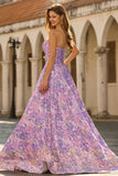 Lilac Strapless A-Line Satin Corset Jacquard Brocade Long Prom Dress
