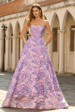 Lilac Strapless A-Line Satin Corset Jacquard Brocade Long Prom Dress