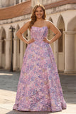 Lilac Strapless A-Line Satin Corset Jacquard Brocade Long Prom Dress
