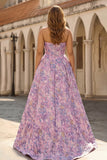 Lilac Strapless A-Line Satin Corset Jacquard Brocade Long Prom Dress
