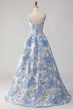 Light Blue A-Line Jacquard Brocade Corset Long Prom Dress with Pearls
