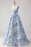 Light Blue A-Line Jacquard Brocade Corset Long Prom Dress with Pearls