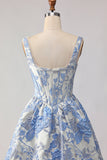Light Blue A-Line Jacquard Brocade Corset Long Prom Dress with Pearls
