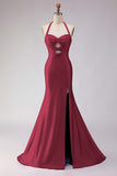 Mermaid Lilac Beaded Halter Cut Out Long Prom Dress with Slit