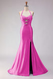 Mermaid Lilac Beaded Halter Cut Out Long Prom Dress with Slit
