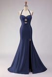 Mermaid Lilac Beaded Halter Cut Out Long Prom Dress with Slit