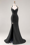 Light Blue Mermaid Halter Beaded Corset Long Prom Dress with Slit