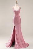Light Blue Mermaid Halter Beaded Corset Long Prom Dress with Slit