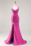 Light Blue Mermaid Halter Beaded Corset Long Prom Dress with Slit