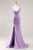 Light Blue Mermaid Halter Beaded Corset Long Prom Dress with Slit