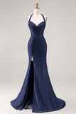 Light Blue Mermaid Halter Beaded Corset Long Prom Dress with Slit